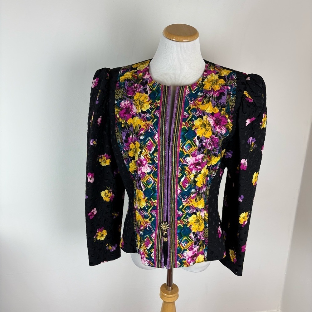 Vintage Ricky Freeman for Terry Jon Silk Puff Sleeve Floral Jacket Black Size 12